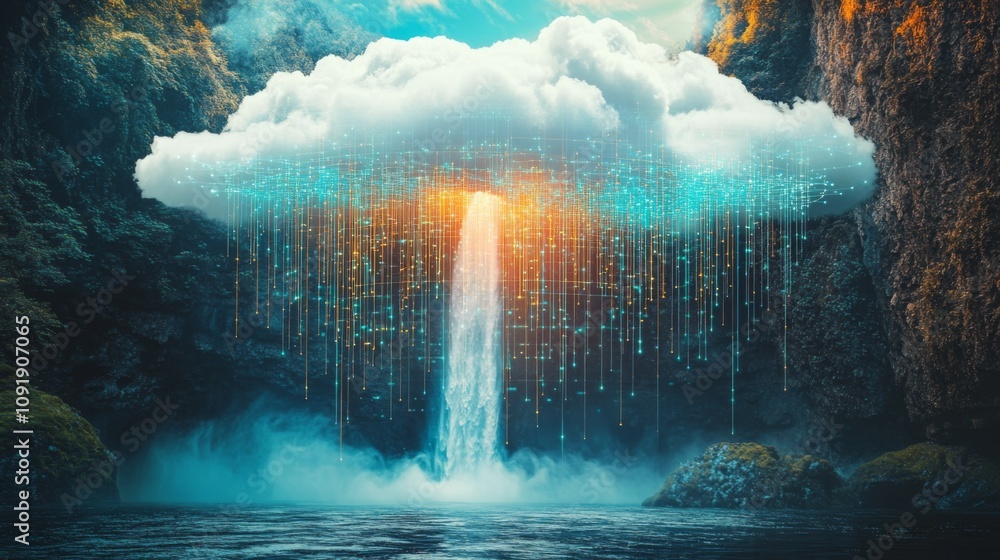 Poster a vibrant waterfall flows from a luminous cloud, creating a mesmerizing blend of water and digital e