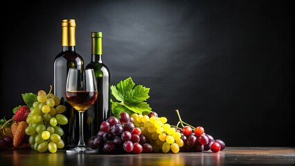 Obraz premium Wide-angle wine and grapes presentation on black background