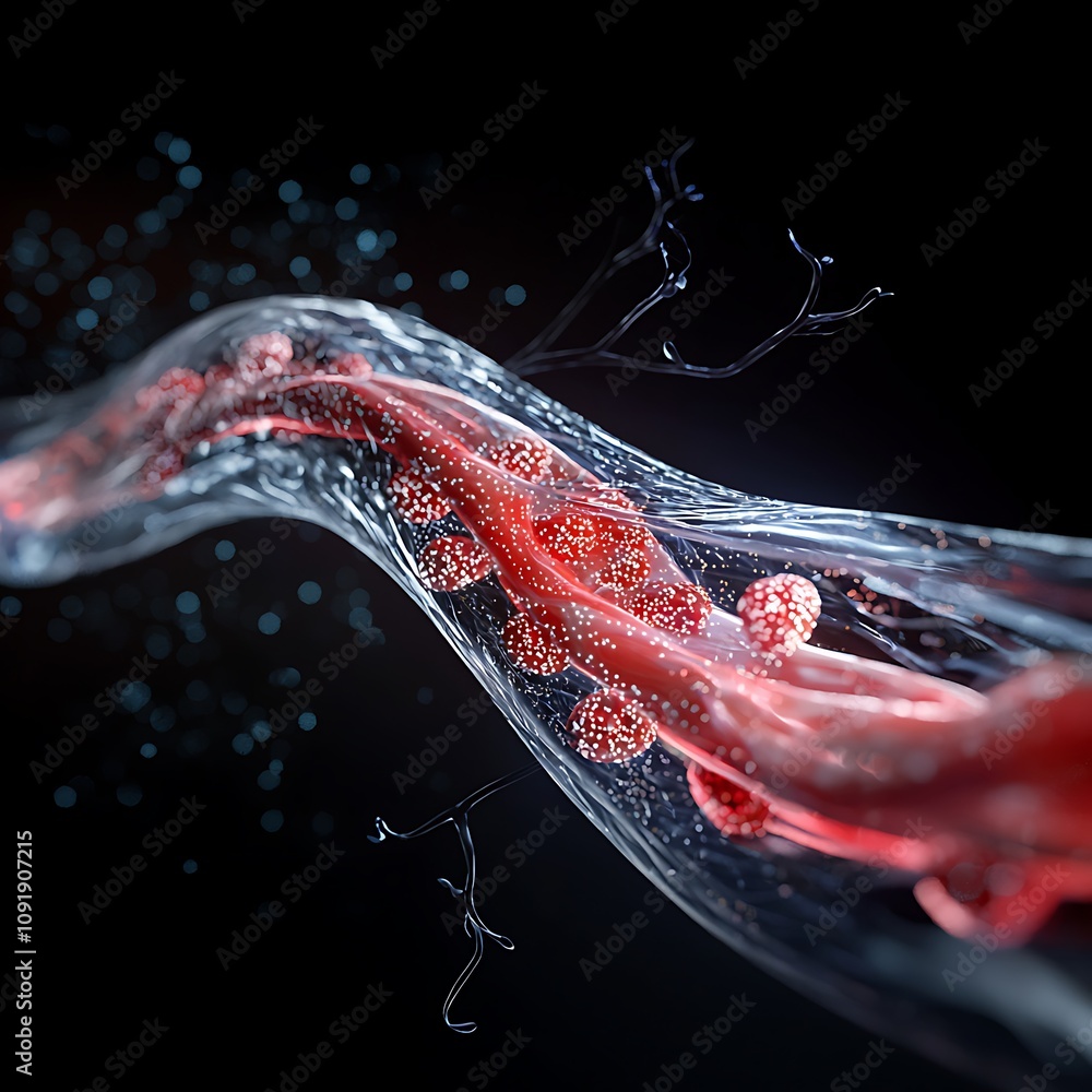 Poster abstract flow of red particles in dark background