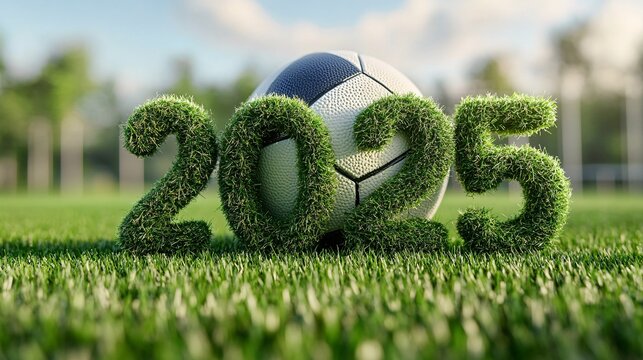Soccer ball celebrating the year 2025 on lush green grass field