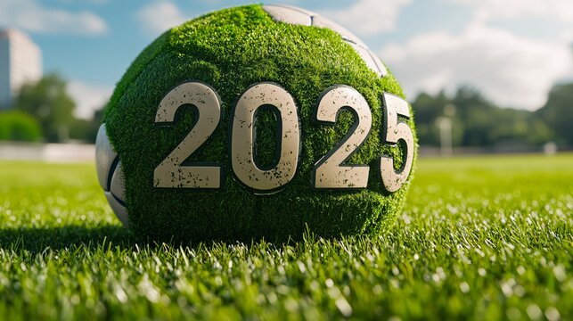 Grass-covered soccer ball showing 2025 on lush green field