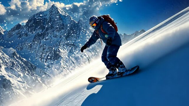 Snowboarder riding down a halfpipe, with snow flying and a winter mountain scene in the background. . Video