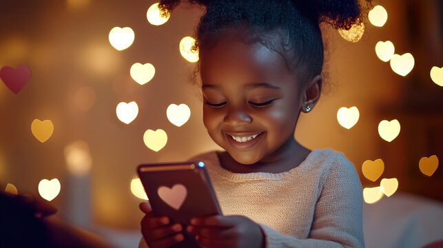 Happy Black girl holding a smartphone with vibrant heart icons floating around her, a perfect concept for tech and education visuals.