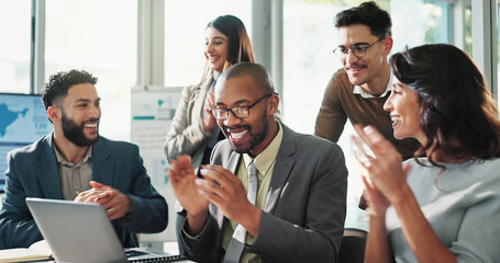 Excited business people, winner and celebration in promotion, announcement or negotiation success...
