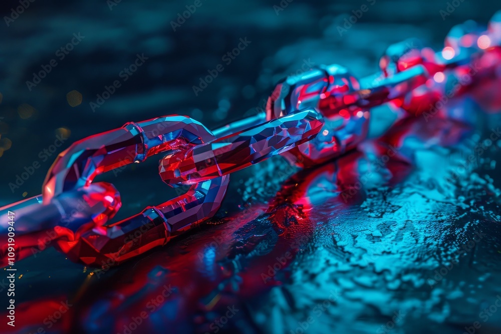 Poster vibrant red and blue light illuminates a series of interlocking transparent chain links, creating a 