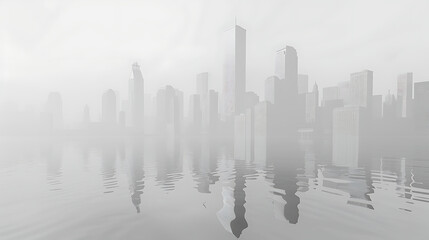 Obraz premium Ethereal Cityscape in Fog with Reflective Water Surface, Capturing the Mysterious Beauty of an Urban Skyline Treated to a Dreamy Atmosphere