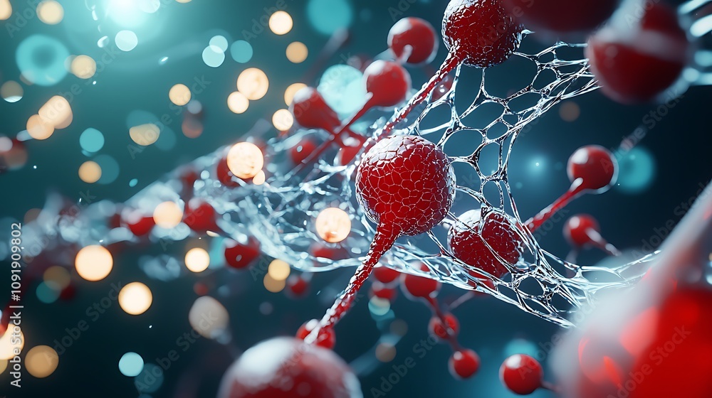 Poster abstract molecular structure with red particles and light