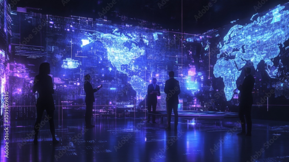 Poster professionals gather in a futuristic room illuminated by digital maps and data projections, engaging