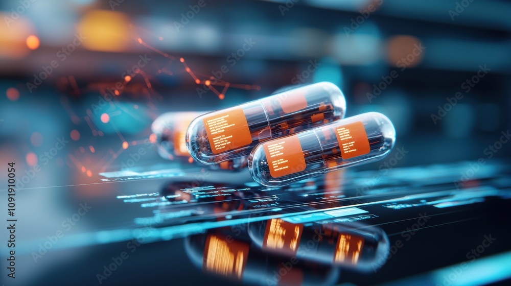 Poster e-commerce digital marketplace supply chain concept. capsules on a reflective surface with digital e