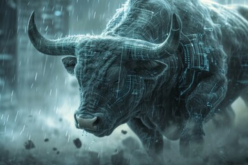 A digitally enhanced bull with glowing circuits charges forward in a futuristic cityscape under heavy rain, symbolizing strength and power..