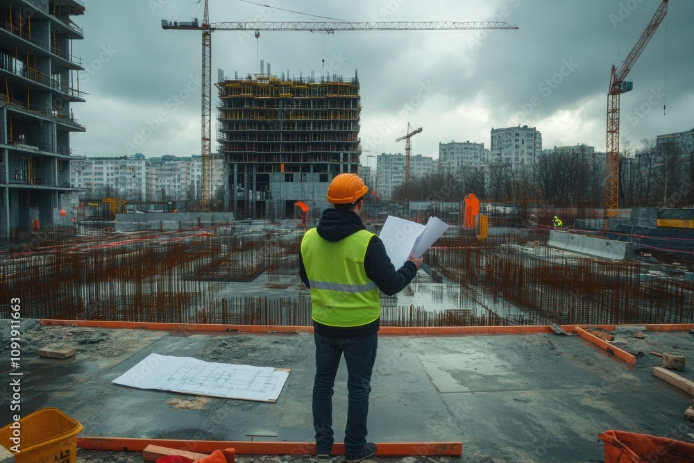 Poster an engineer inspects detailed blueprints while standing at a construction site with cranes and build
