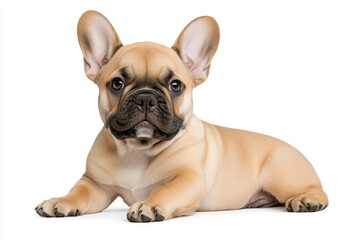 Obraz premium A charming French Bulldog puppy, with a light tan coat and large ears, resting on a clean white background.