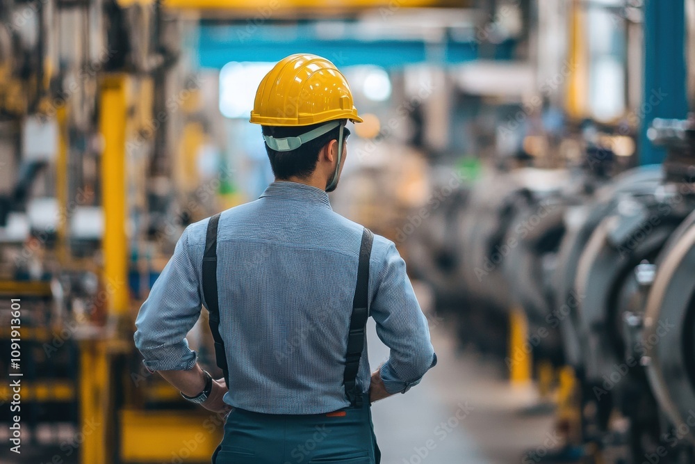 Poster Engineers in an industrial factory evaluate ongoing processes while ensuring safety and efficiency in a vibrant work environment. Generative AI