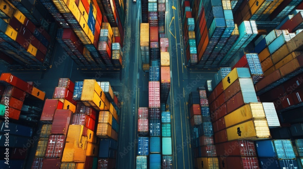 Fototapete the image captures a bustling shipping container yard from above, showcasing a vibrant array of stac