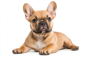 Obraz premium A charming French Bulldog puppy with a playful expression, lying down against a clean white background.
