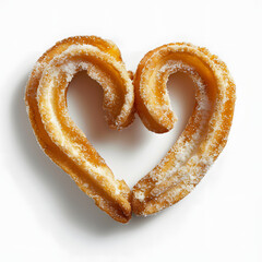 a delightful homemade heart shaped churro sits alone against a crisp white backdrop with a white...