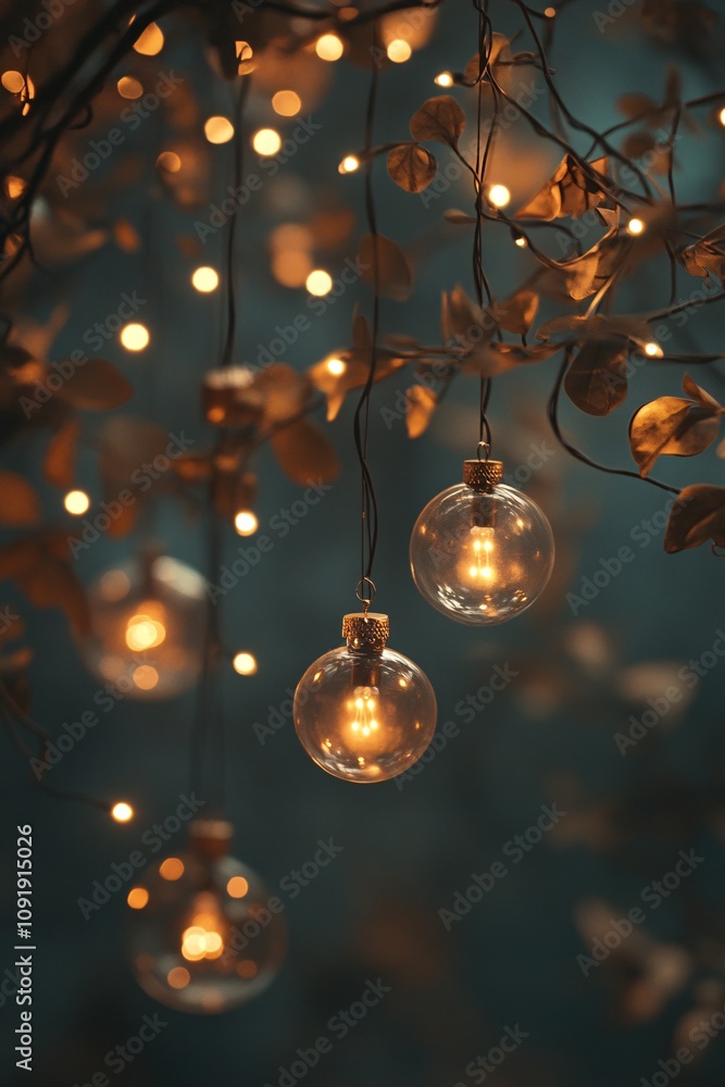 Poster round light bulbs hanging from tree branches creating warm atmosphere