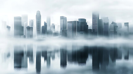 Naklejka premium Ethereal Cityscape of Modern Skyscrapers Emerging from Mist, Reflecting in Water, Captivating Urban Scene at Dawn or Dusk in a Dreamlike Atmosphere