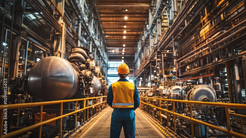 Aufkleber an engineer in safety gear evaluates the machinery in a spacious industrial factory filled with comp