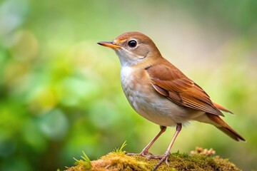 Fototapeta premium wild common nightingale bird reflecting in water at night