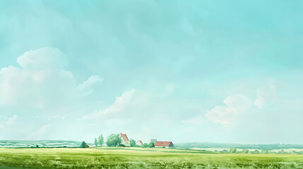 Fototapeta premium Serene Landscape with Lush Green Fields and Soft Blue Sky Featuring a Charming Farmhouse Surrounded by Rolling Hills and Gentle Clouds in the Distance