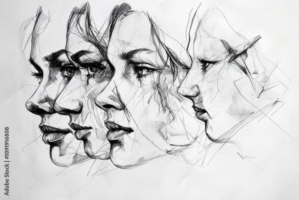 Fototapete multiple portraits illustrate the emotional depth of faces, characterized by dynamic shadows and ski