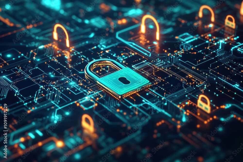 Poster a vivid digital composition illustrates padlocks and keys integrated into a high-tech network, empha