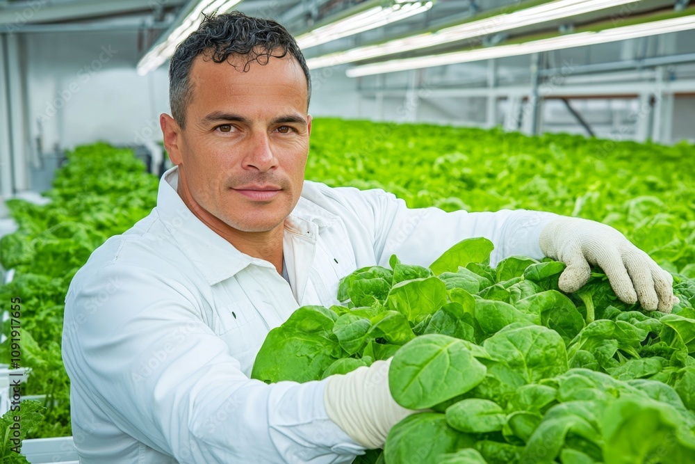 Aufkleber a farmworker inspecting rows of leafy green spinach growing in a controlled environment