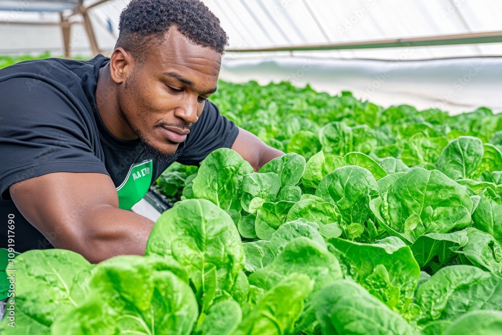 Poster A farmworker inspecting rows of leafy green spinach growing in a controlled environment