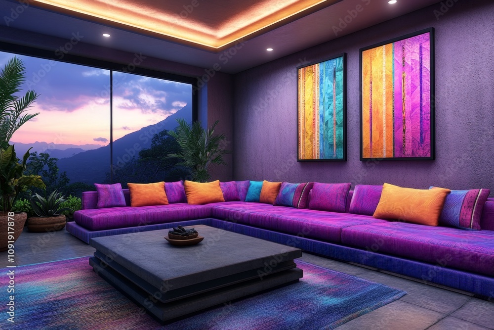 Poster a futuristic african art studio with holographic canvases displaying bold tribal patterns and ai-ass