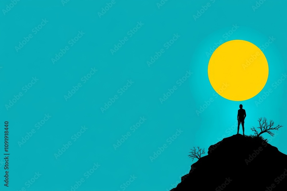 Poster A minimalist design of a person standing on a hill, looking ahead at a rising sun, symbolized with simple shapes and gradients