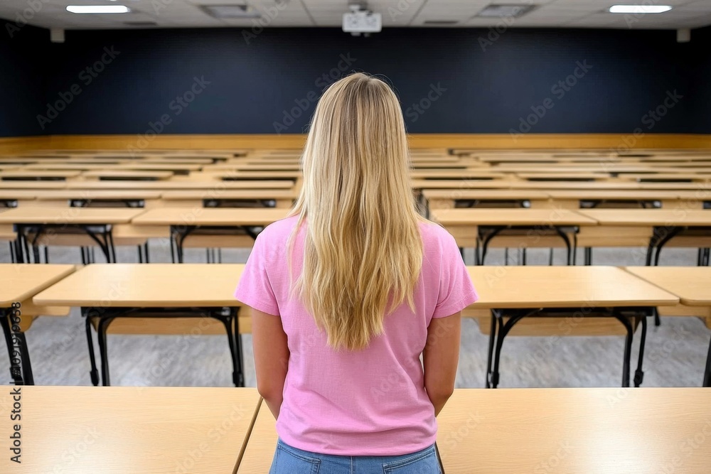 Poster A teacher standing in an empty classroom, looking ahead at rows of desks with a sense of purpose and anticipation