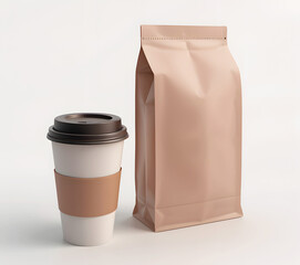 mockup coffee bag and coffee cup with lid for drinking 