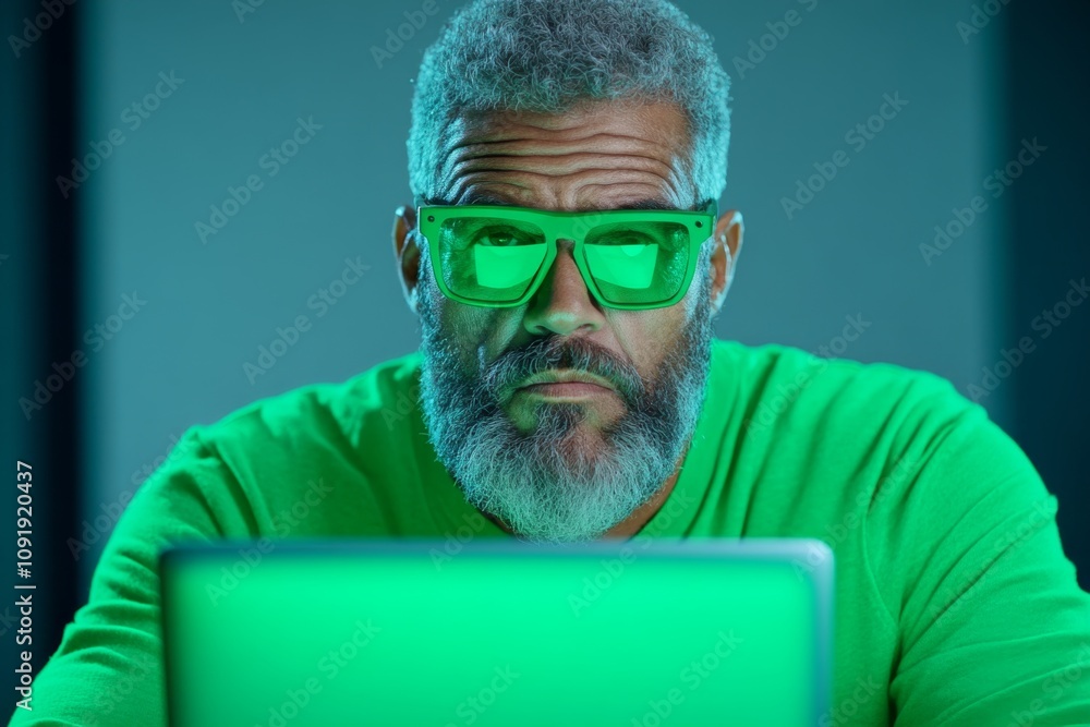 Poster aging scientist working in a lab, their face lit by the glow of equipment, proving that curiosity en