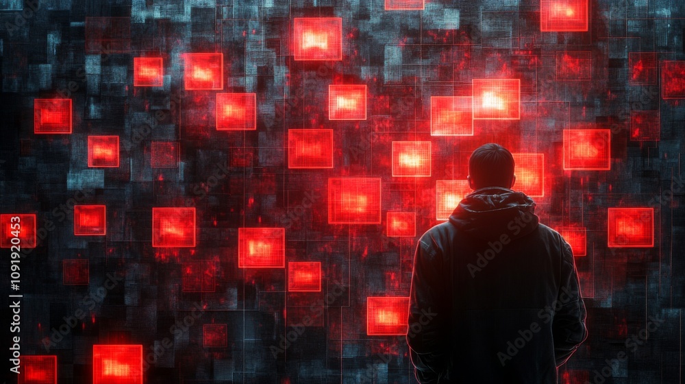 Aufkleber a person stands in front of a captivating digital art installation featuring glowing red squares aga