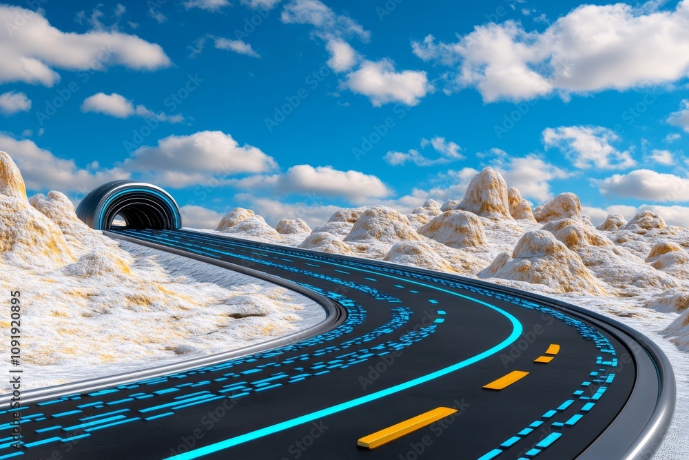Poster Ahead road depicted as a futuristic 3D digital rendering, curving through a sci-fi landscape with metallic structures