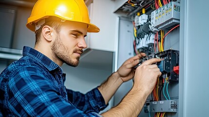 Fototapeta premium Male Electrician in Safety Helmet Working on Electrical Control Panel with Wires and Circuit Breakers, Focused on Maintaining Industrial Electrical Systems