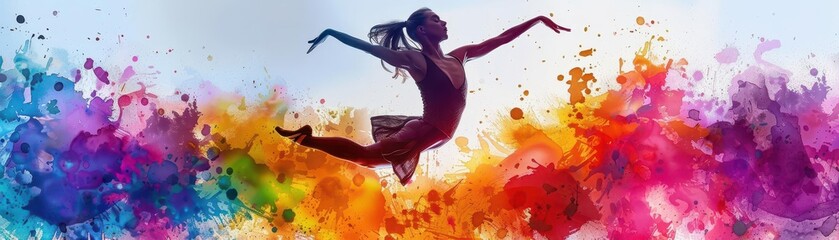 A dancers fluid silhouette captured midleap, with a splash of vibrant watercolors in the background