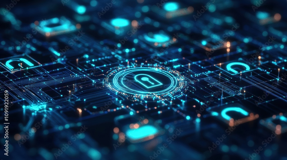 Leinwandbilder the composition showcases a vibrant digital abstract backdrop that incorporates glowing padlocks and