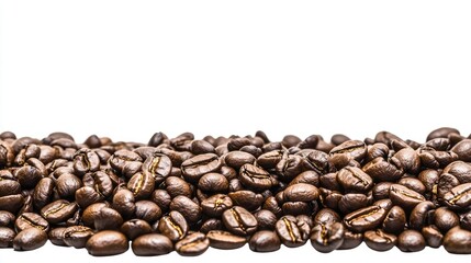 Obraz premium Freshly Roasted Coffee Beans Piled on a White Background Ideal for Beverage, Culinary, or Food-Themed Designs Showcasing Rich Aroma and Texture of Coffee