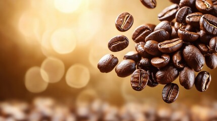 Obraz premium A Close-Up View of Freshly Roasted Coffee Beans Against a Beautifully Blurred Background with a Warm Golden Glow Perfect for Beverage or Food Related Imagery