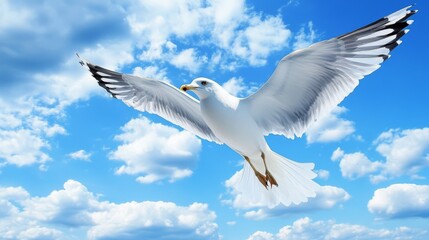 Obraz premium Seagull in flight against a bright blue sky.