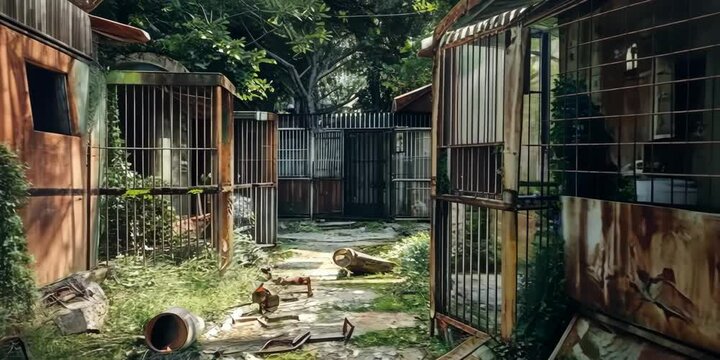 Abandoned zoo with rusted cages and overgrown enclosures, 4K , Video