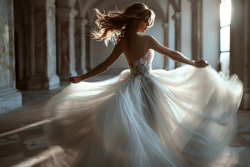Fototapeta premium A graceful young woman twirls in a flowing wedding dress, showcasing intricate details and soft fabric in a beautifully lit, elegant setting.