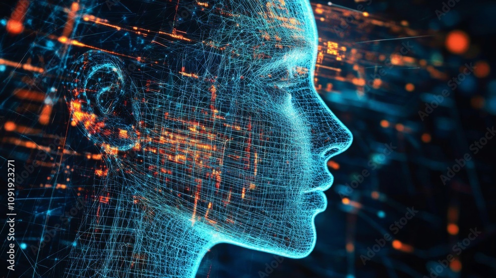 Poster a futuristic depiction of a woman profile illuminated by vibrant network connections and digital lig