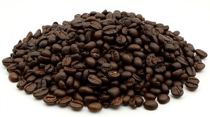 Fototapeta premium Dark Roasted Coffee Beans Piled Generously on a Clean Surface, Showcasing the Rich Color and Texture of High-Quality Arabic Coffee for Culinary and Beverage Uses