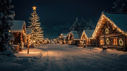 Cozy Winter Village Scene with Snow-Covered Cabins and Festive Decorations Under a Starry Night Sky