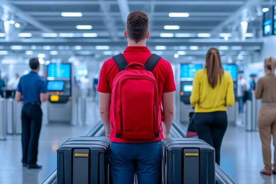 Airport security checkpoint with people lining up, bins on conveyor belts, and TSA staff at work