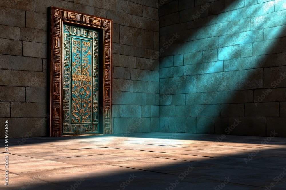 Poster Ajar door in 3D, showing intricate textures and shadows, with a bright light source casting dramatic rays