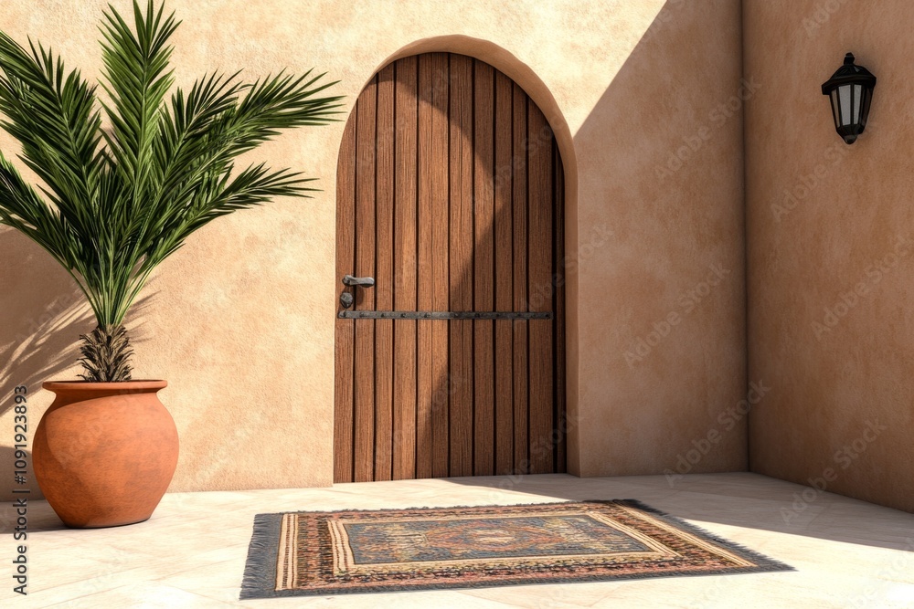 Poster Ajar door in 3D, showing intricate textures and shadows, with a bright light source casting dramatic rays